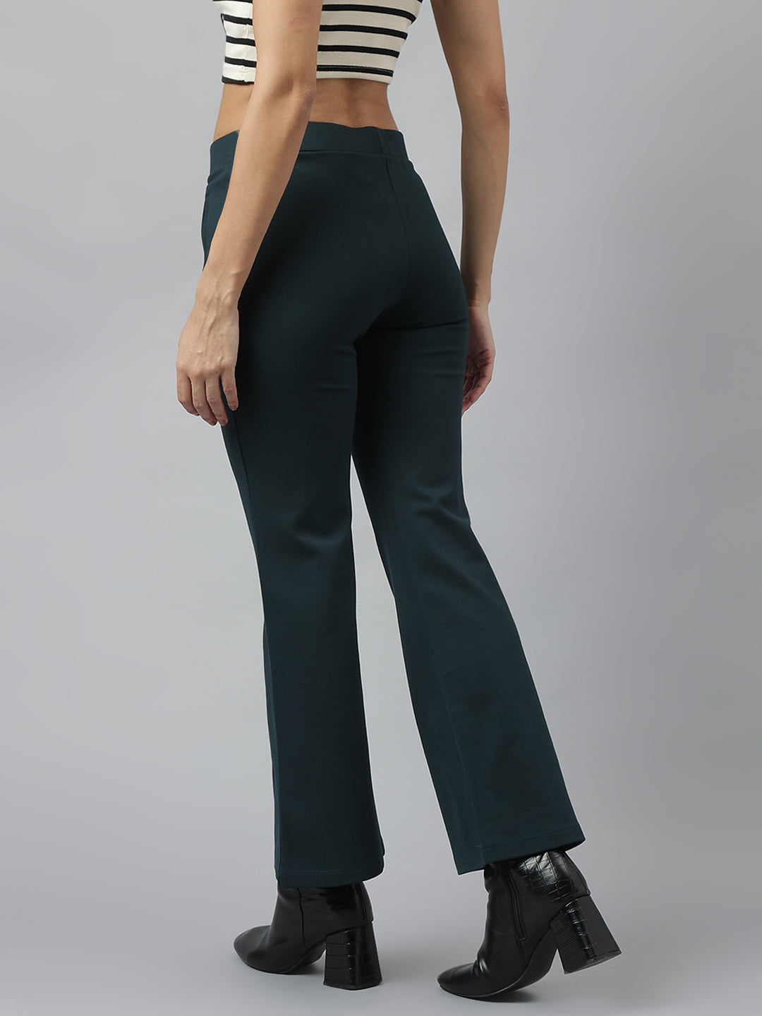 Latin Quarters Women's Green Solid Casual High Rise Full Length Flared Trouser