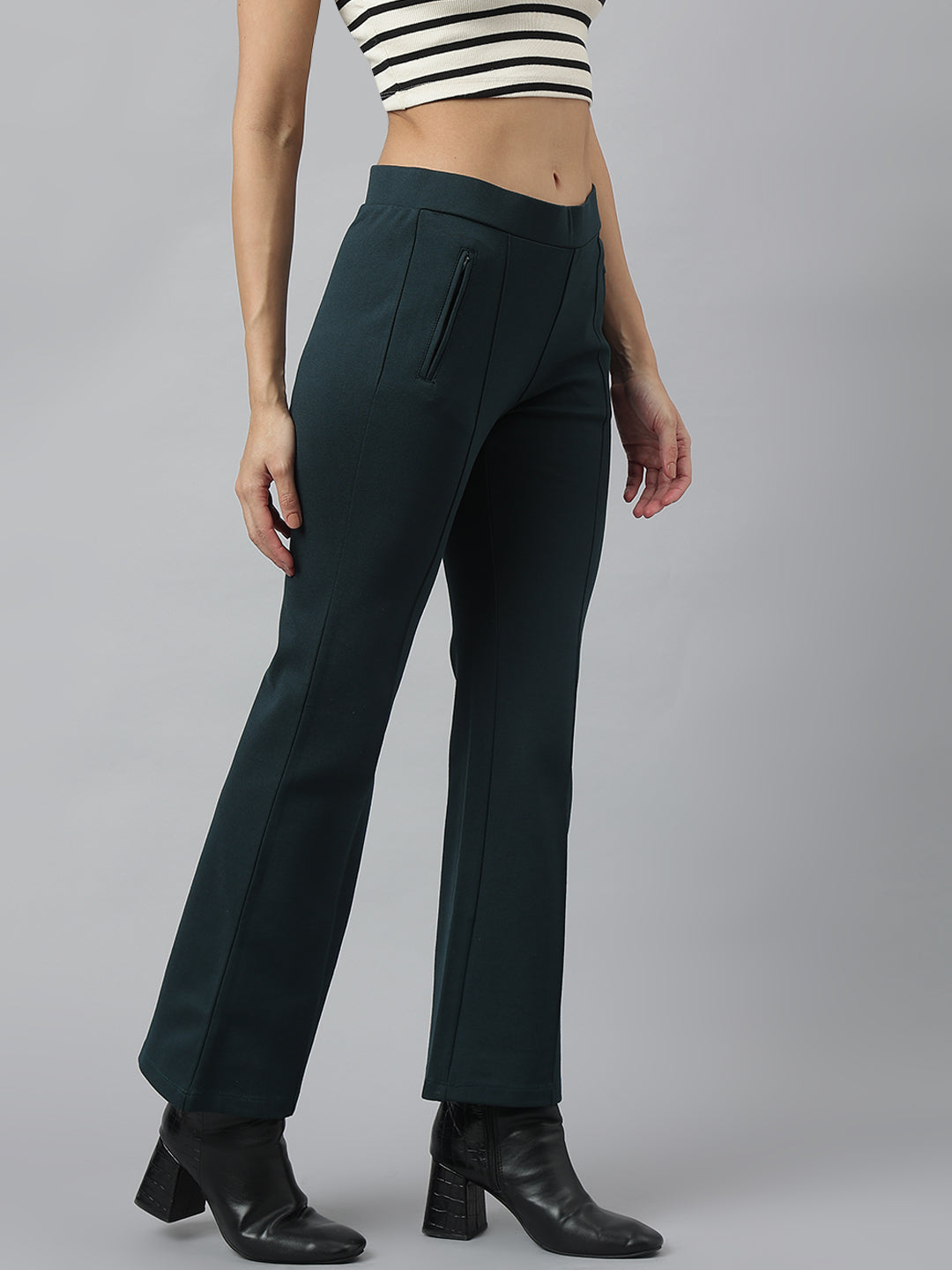 Latin Quarters Women's Green Solid Casual High Rise Full Length Flared Trouser