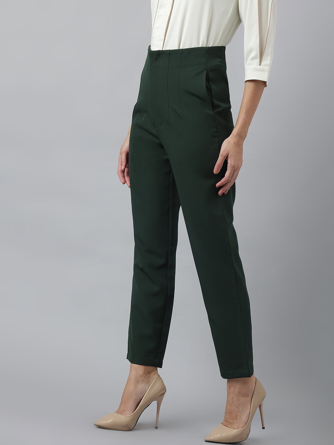 Latin Quarters Women'S Green Solid Mom Fit Formal Trouser