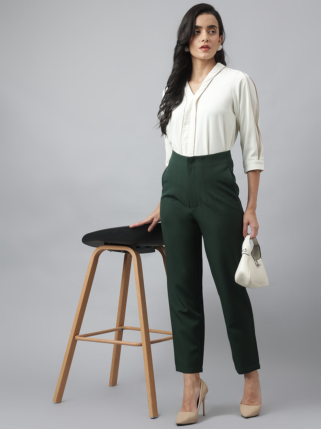 Latin Quarters Women'S Green Solid Mom Fit Formal Trouser