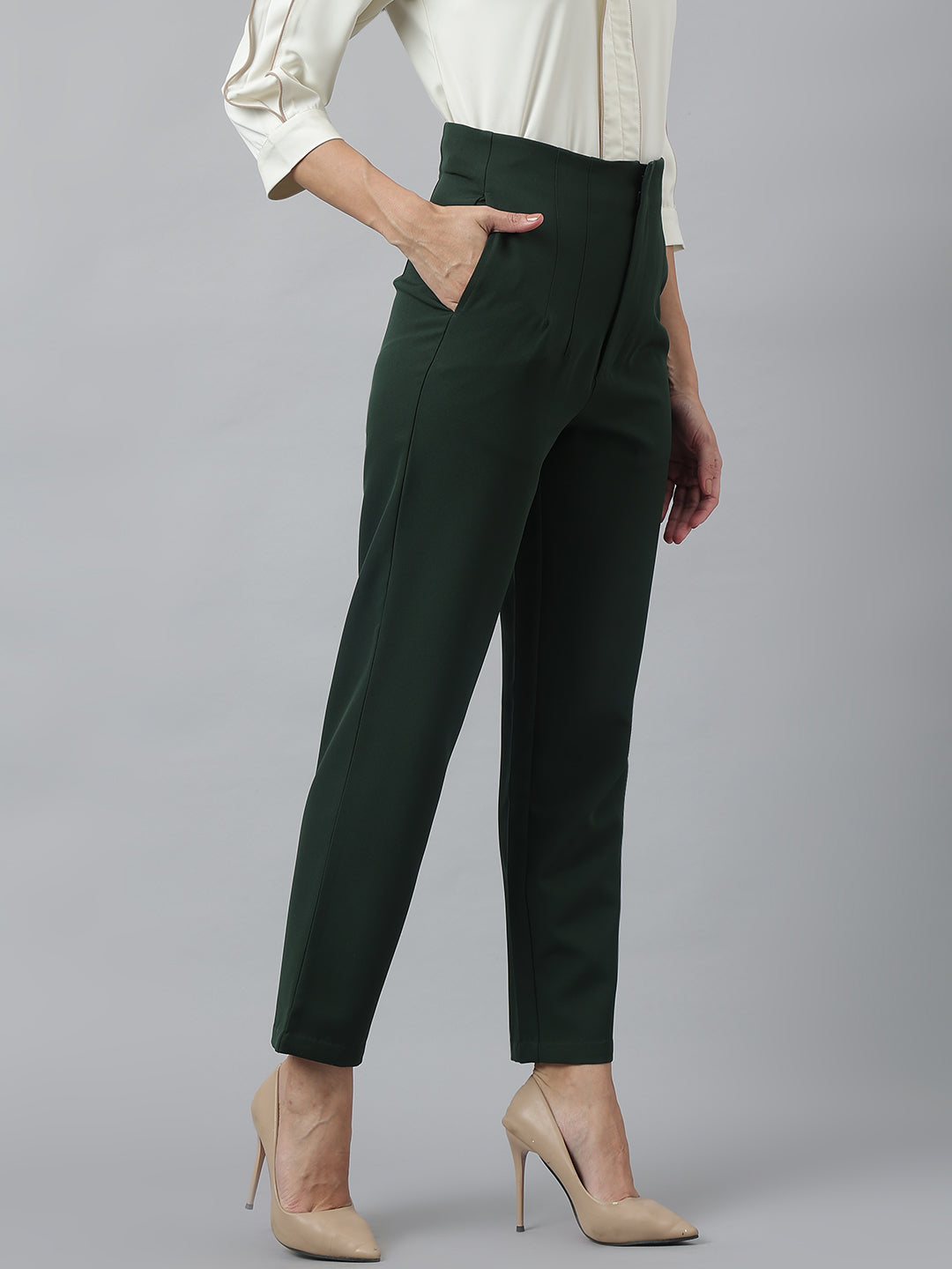 Latin Quarters Women'S Green Solid Mom Fit Formal Trouser