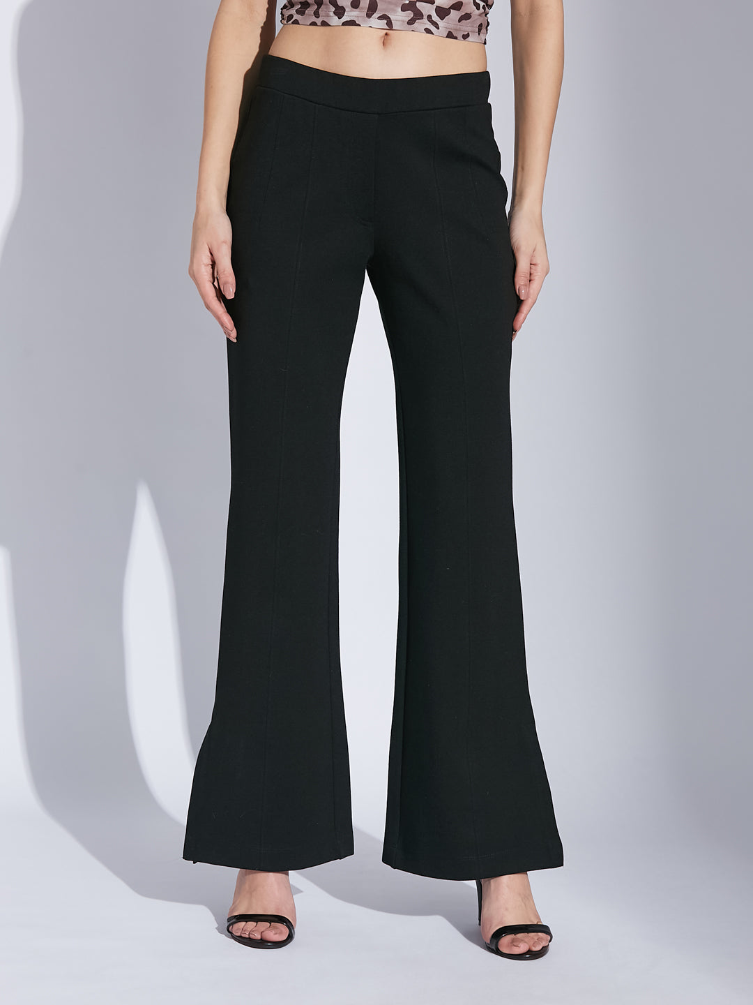 Latin Quarters Women Black Solid High Rise Casual Flared Trouser