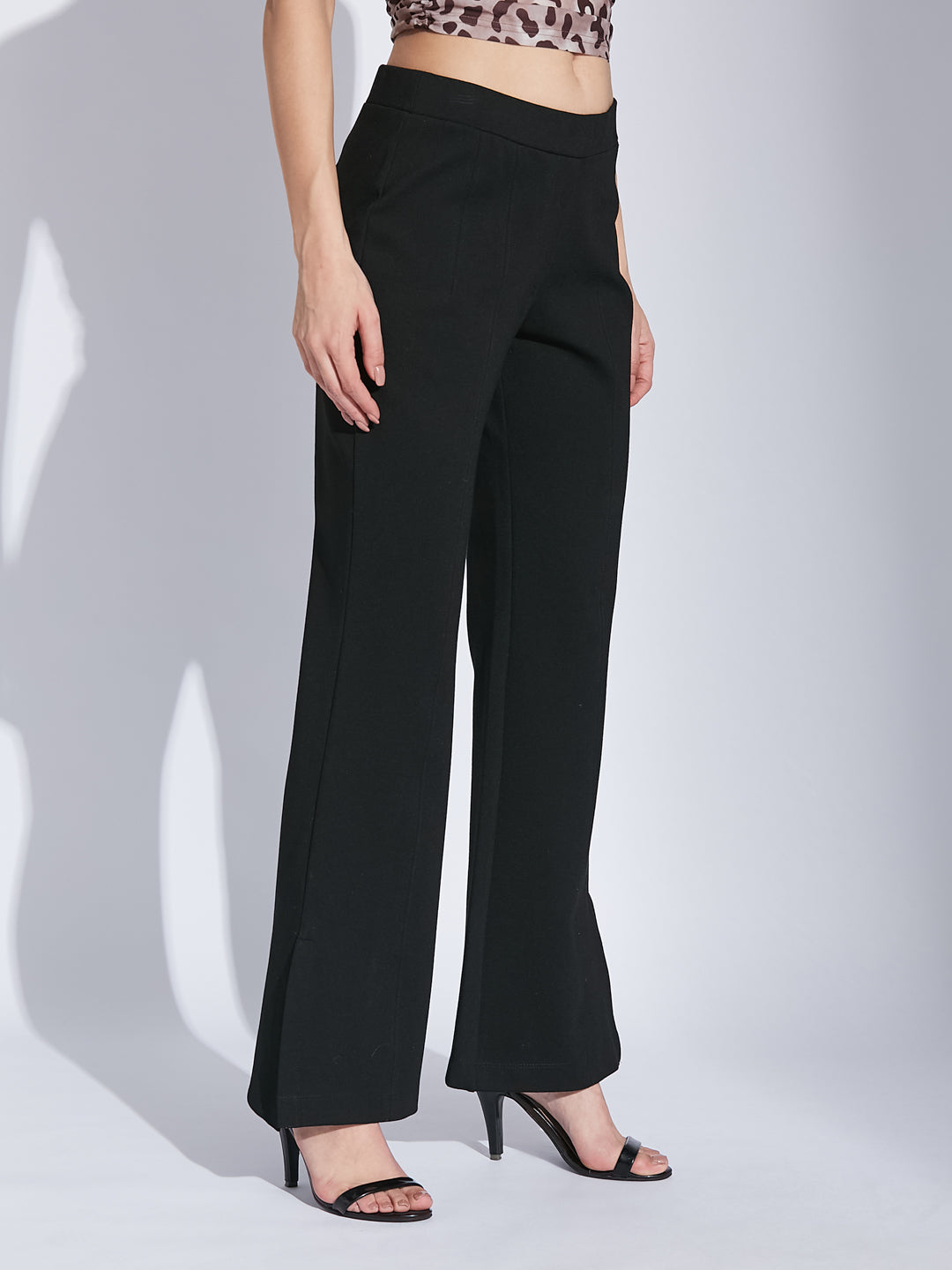 Latin Quarters Women Black Solid High Rise Casual Flared Trouser