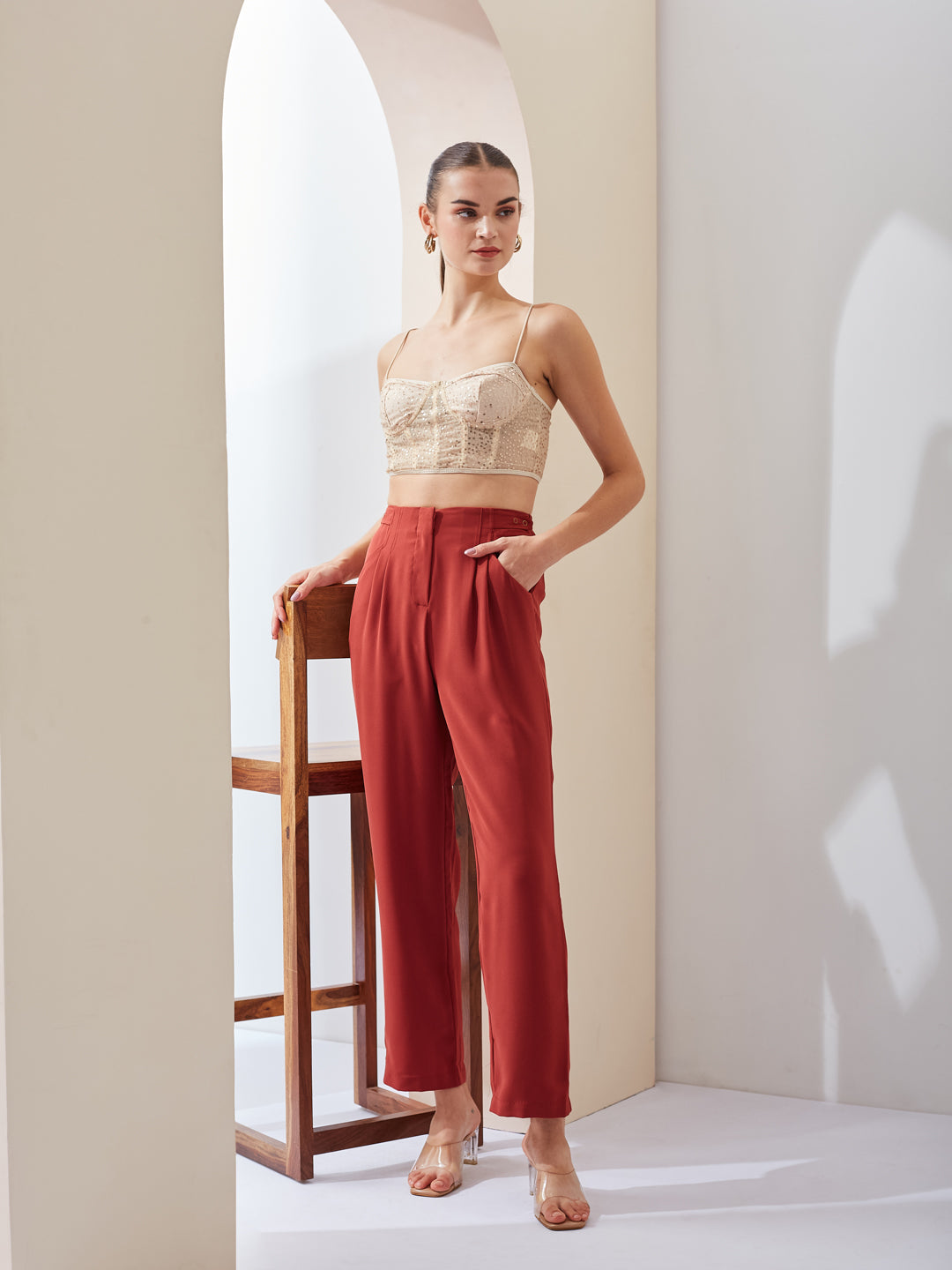 Latin Quarters Women Rust Solid High Rise Casual Straight Pant