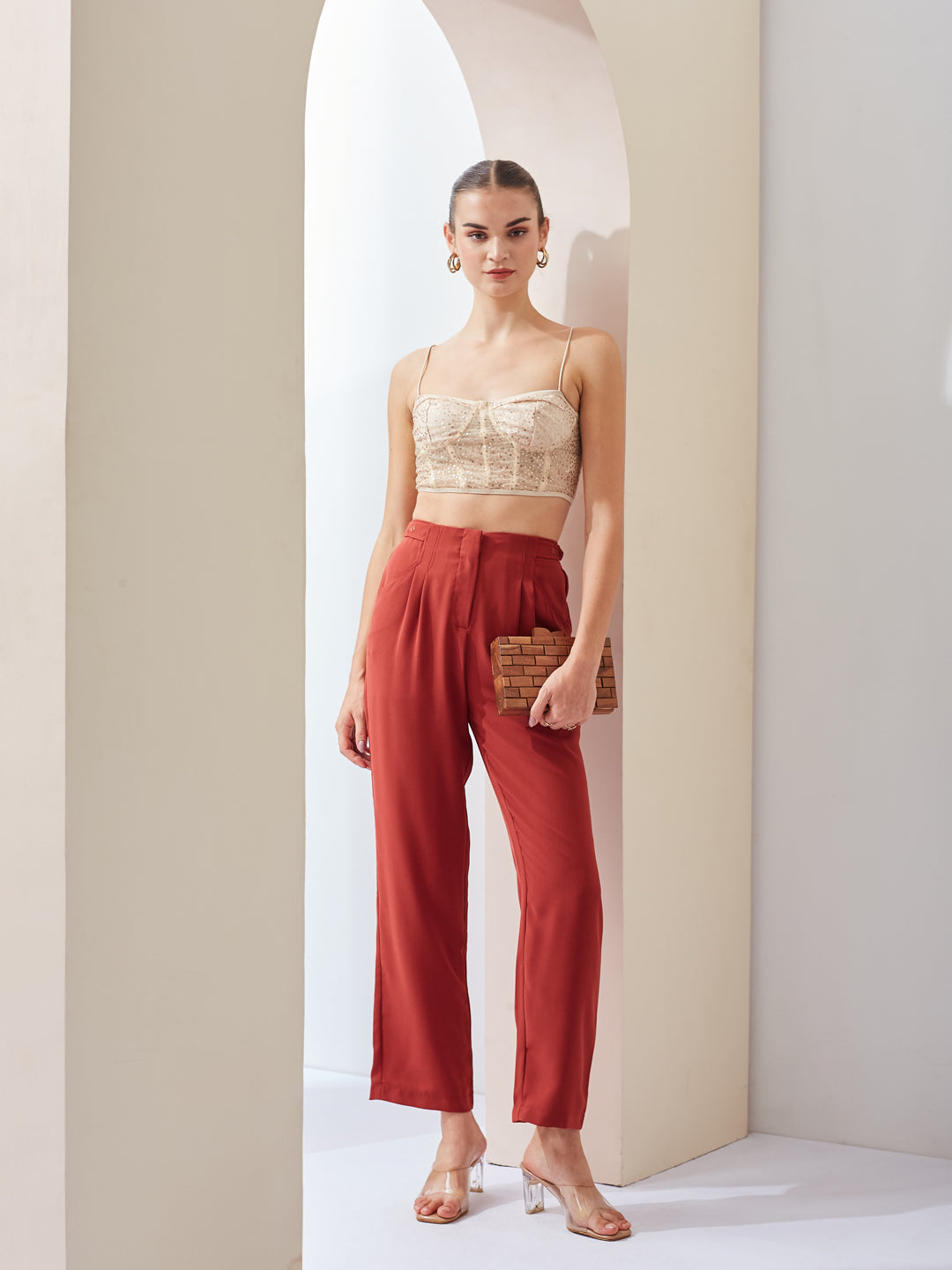 Latin Quarters Women Rust Solid High Rise Casual Straight Pant