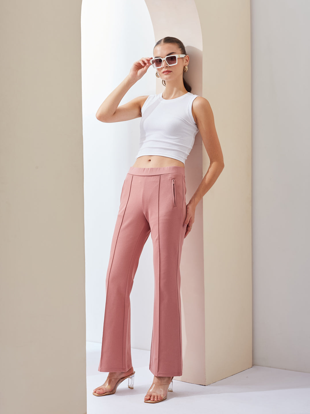 Latin Quarters Women Pink Solid High Rise Casual Flared Trouser