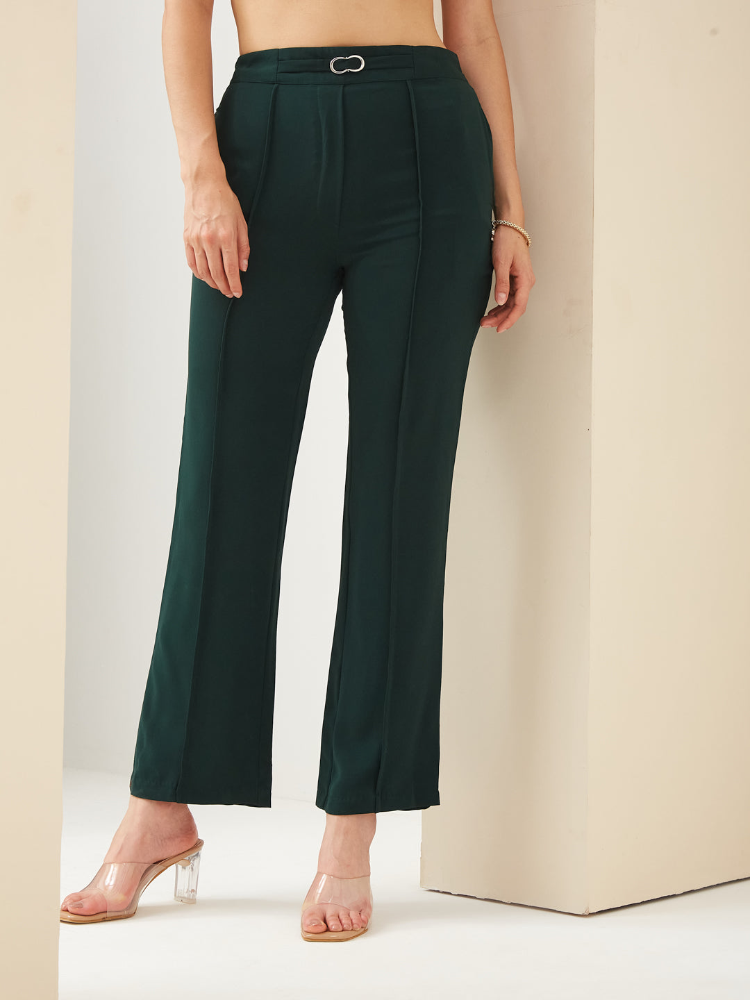 Latin Quarters Women Green Straight Fit Solid High Rise Casual Trouser