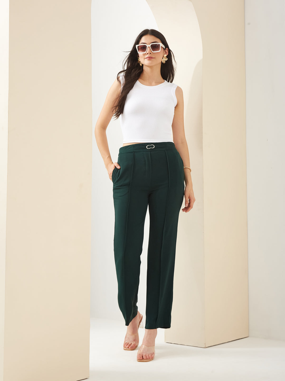 Latin Quarters Women Green Straight Fit Solid High Rise Casual Trouser