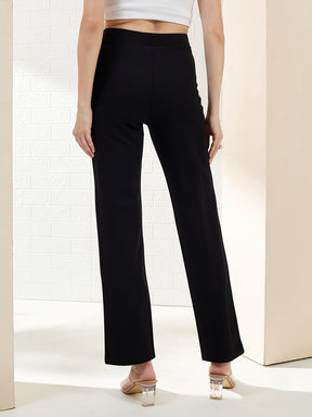 Latin Quarters Women's Black Solid High Rise Full Length Casual Straight Fit Trouser
