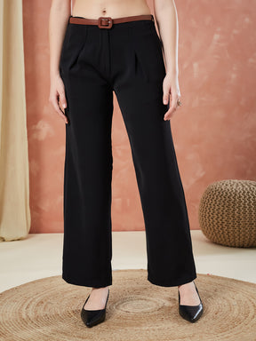 Latin Quarters Women's Black Solid High Rise Formal Straight fit Pant
