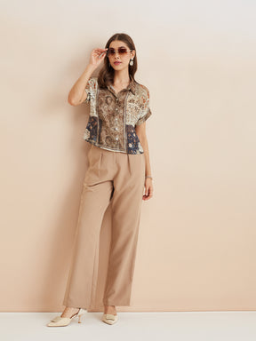 Latin Quarters Women'S Beige Solid Casual High Rise Straight Pant