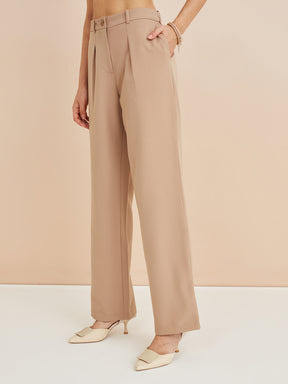 Latin Quarters Women'S Beige Solid Casual High Rise Straight Pant