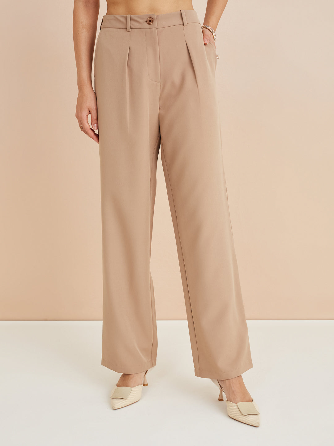 Latin Quarters Women'S Beige Solid Casual High Rise Straight Pant