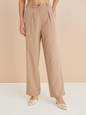 Latin Quarters Women'S Beige Solid Casual High Rise Straight Pant
