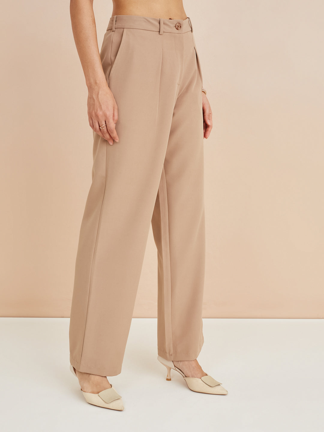 Latin Quarters Women'S Beige Solid Casual High Rise Straight Pant