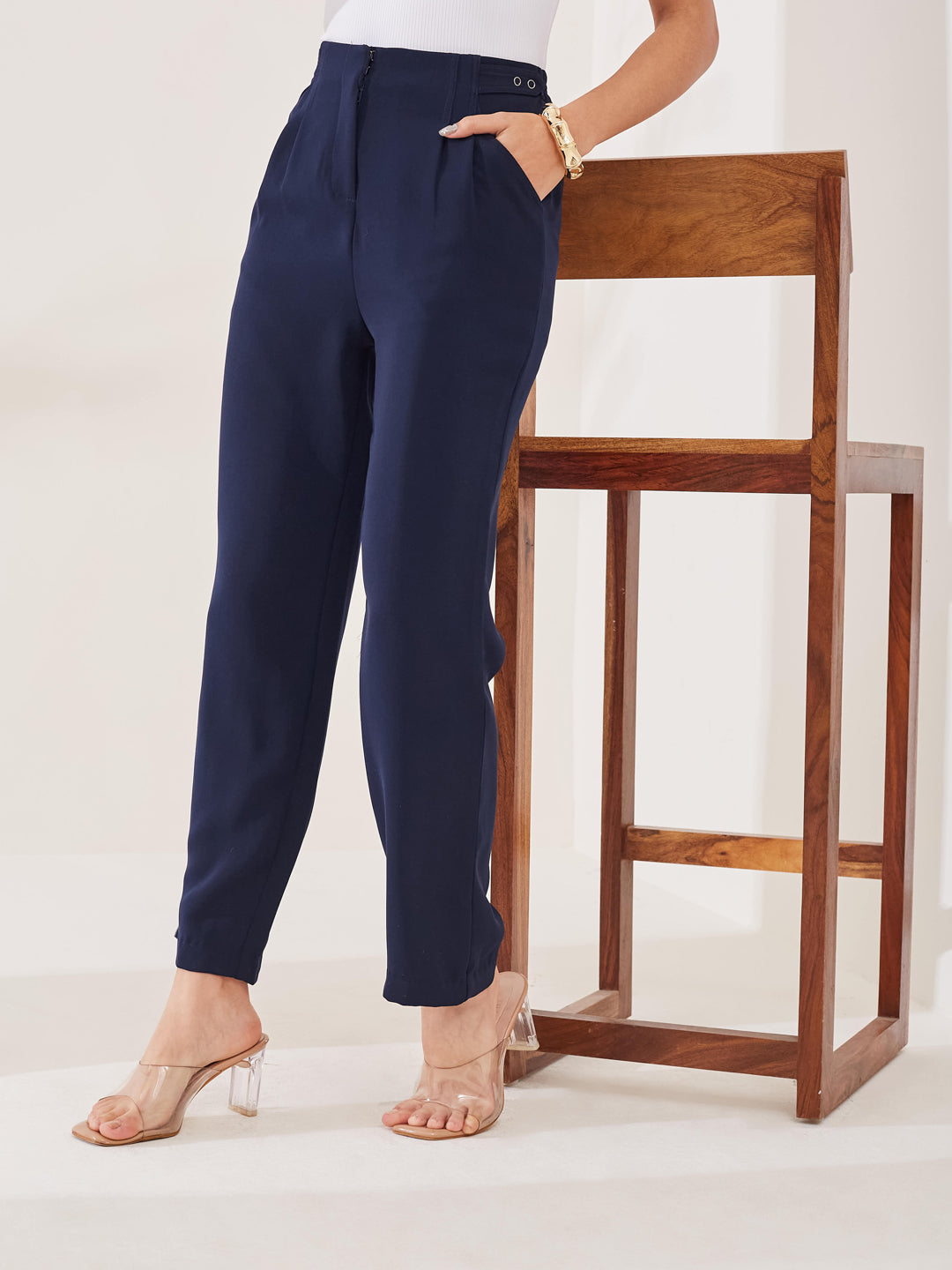 Latin Quarters Women's Blue Solid Casual High Rise Straight Fit Pant