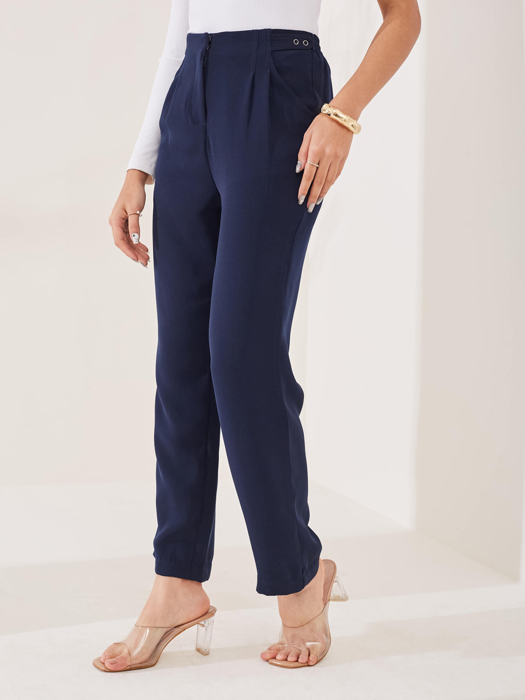 Latin Quarters Women's Blue Solid Casual High Rise Straight Fit Pant