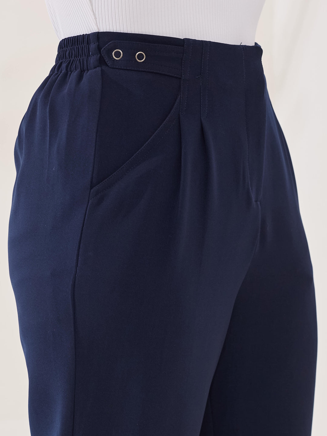 Latin Quarters Women's Blue Solid Casual High Rise Straight Fit Pant