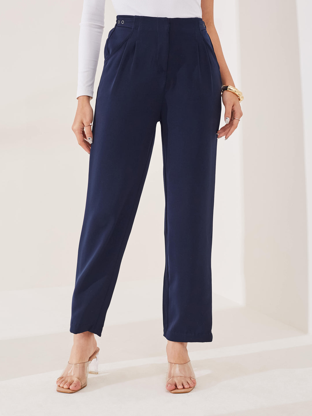 Latin Quarters Women's Blue Solid Casual High Rise Straight Fit Pant
