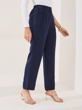 Latin Quarters Women's Blue Solid Casual High Rise Straight Fit Pant