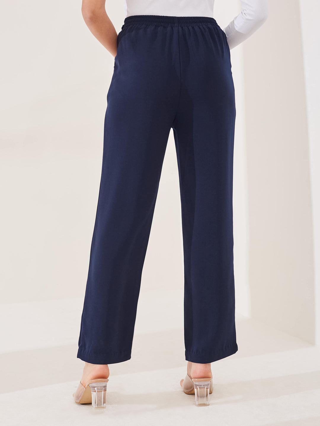 Latin Quarters Women's Blue Solid Casual High Rise Straight Fit Pant