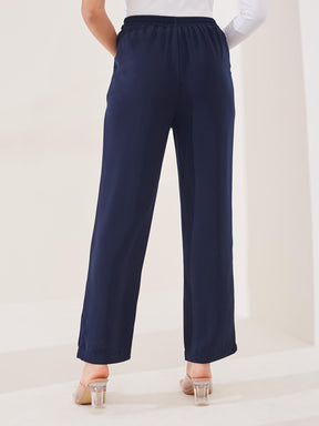 Latin Quarters Women's Blue Solid Casual High Rise Straight Fit Pant