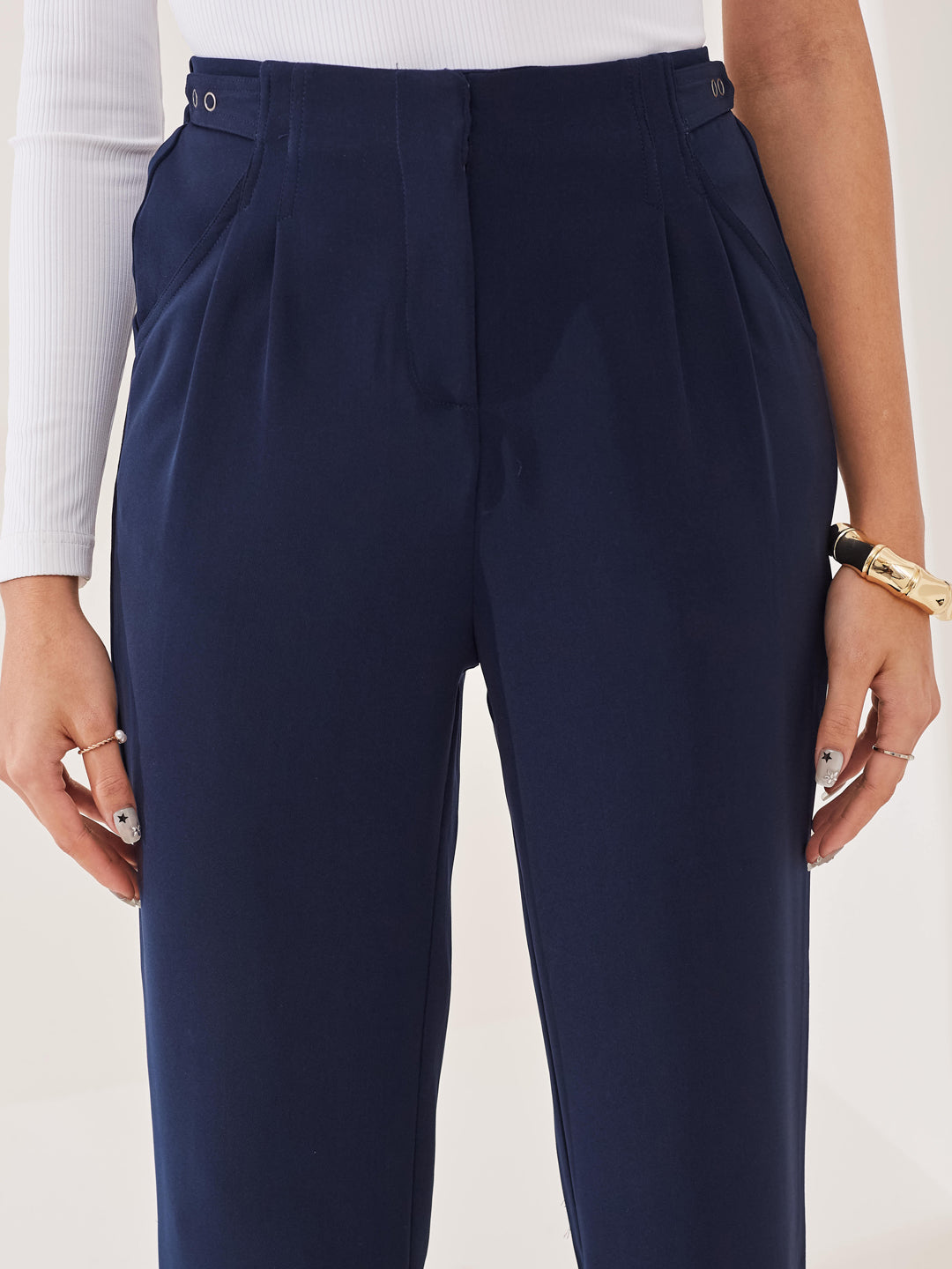 Latin Quarters Women's Blue Solid Casual High Rise Straight Fit Pant