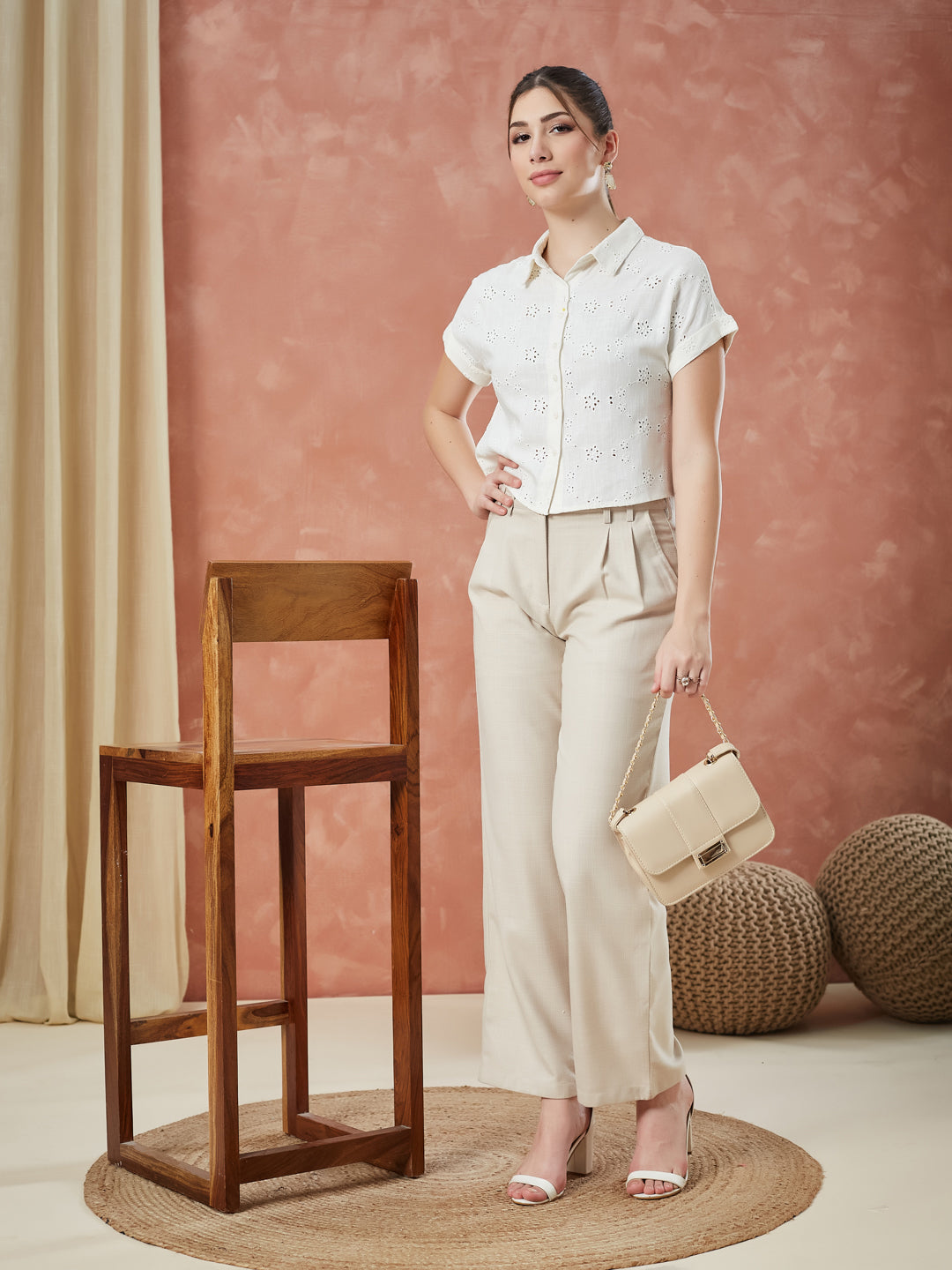 Latin Quarters Women's Off White Solid High Rise Formal Straight fit Pant