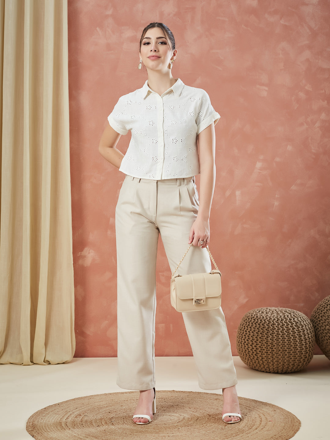 Latin Quarters Women's Off White Solid High Rise Formal Straight fit Pant