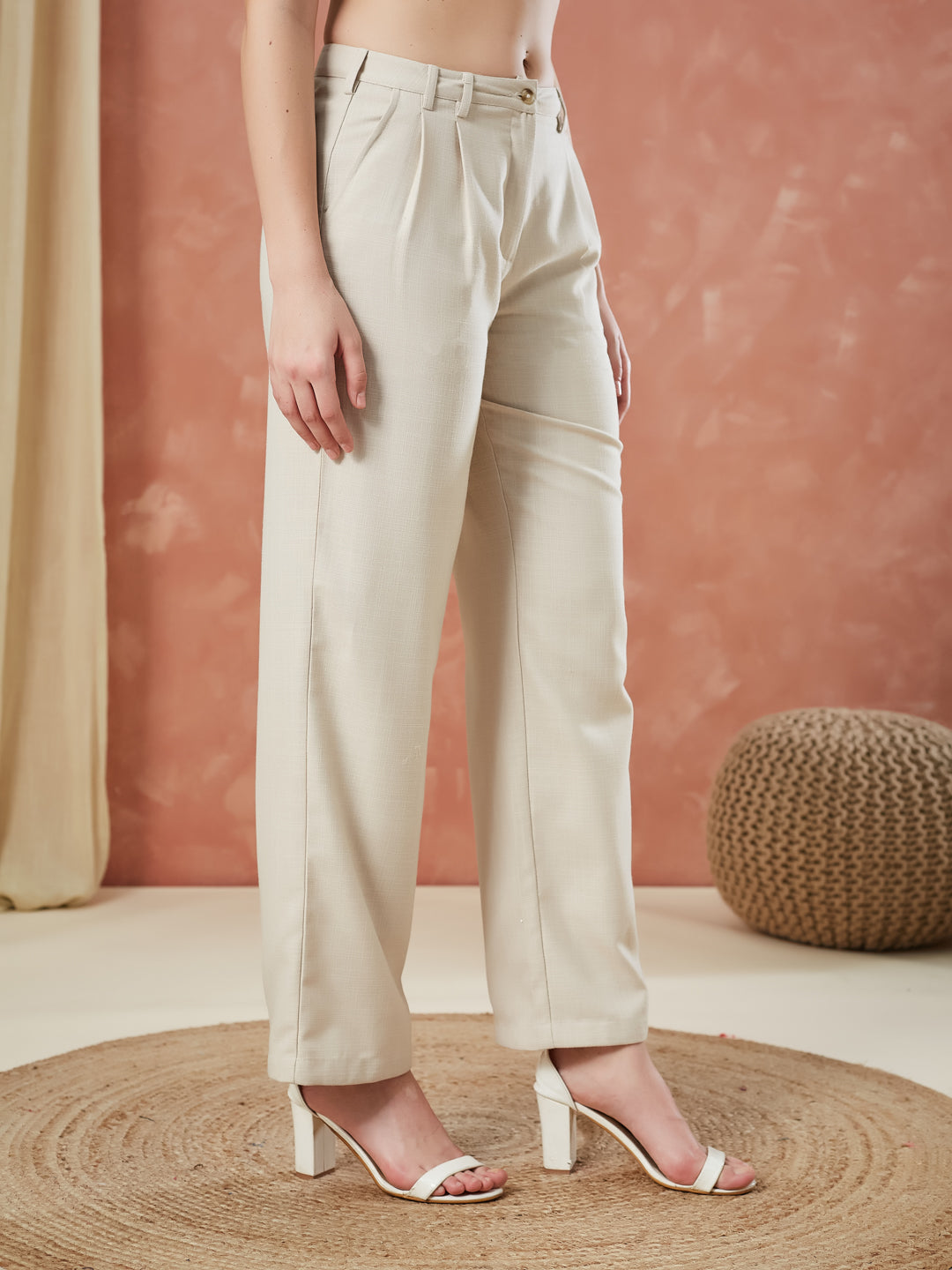 Latin Quarters Women's Off White Solid High Rise Formal Straight fit Pant