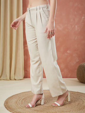 Latin Quarters Women's Off White Solid High Rise Formal Straight fit Pant