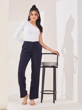 Latin Quarters Women's Blue Solid Casual Straight Fit High Rise Pant