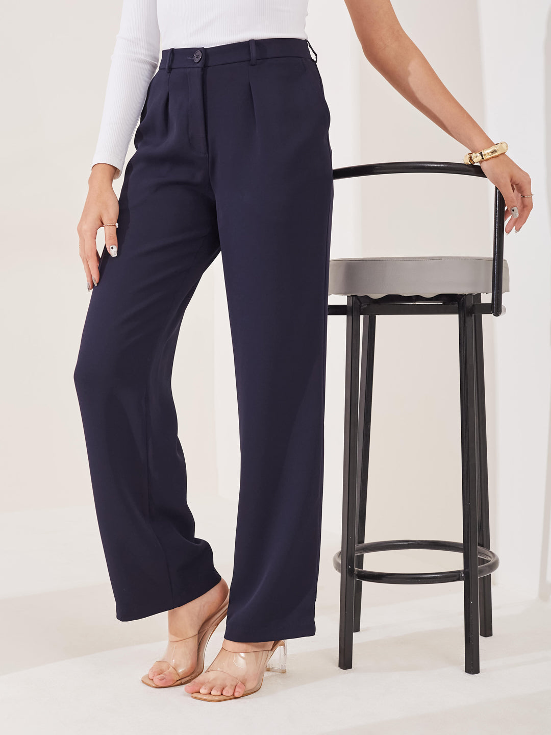 Latin Quarters Women's Blue Solid Casual Straight Fit High Rise Pant