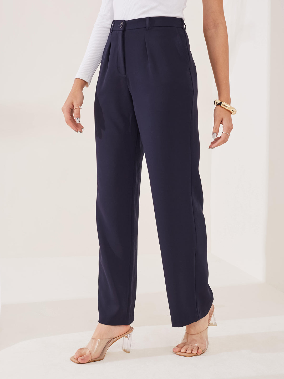 Latin Quarters Women's Blue Solid Casual Straight Fit High Rise Pant
