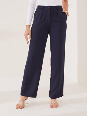 Latin Quarters Women's Blue Solid Casual Straight Fit High Rise Pant