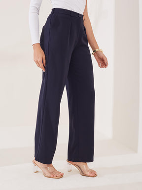 Latin Quarters Women's Blue Solid Casual Straight Fit High Rise Pant