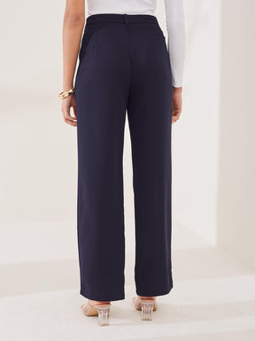 Latin Quarters Women's Blue Solid Casual Straight Fit High Rise Pant