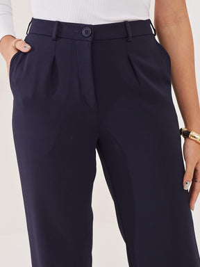 Latin Quarters Women's Blue Solid Casual Straight Fit High Rise Pant