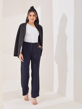 Latin Quarters Women's Blue Solid Casual Straight Fit High Rise Pant