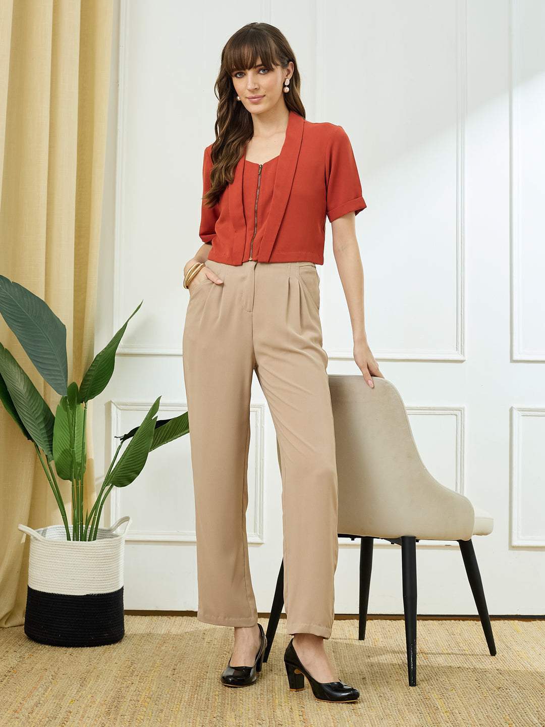 Latin Quarters Women's Beige Casual Solid High Rise Pant