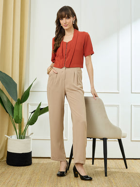 Latin Quarters Women's Beige Casual Solid High Rise Pant