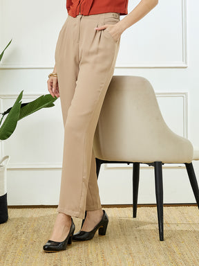 Latin Quarters Women's Beige Casual Solid High Rise Pant