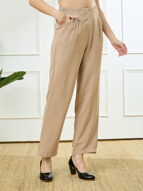 Latin Quarters Women's Beige Casual Solid High Rise Pant