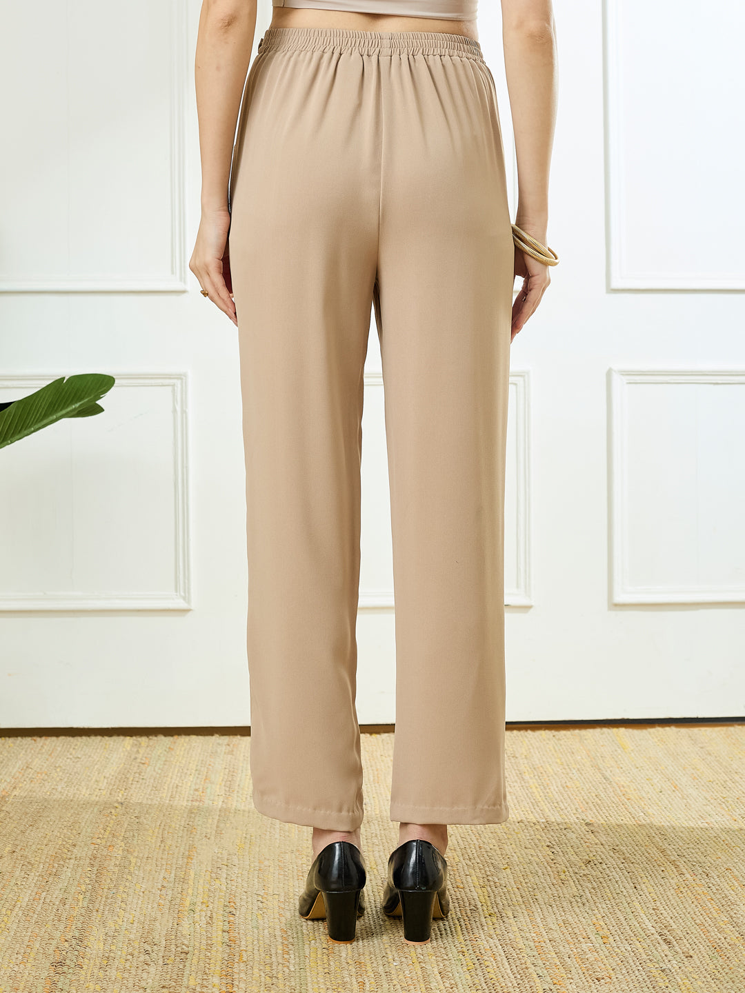 Latin Quarters Women's Beige Casual Solid High Rise Pant