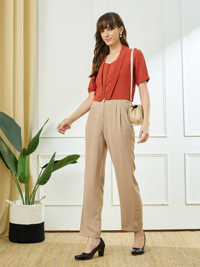 Latin Quarters Women's Beige Casual Solid High Rise Pant