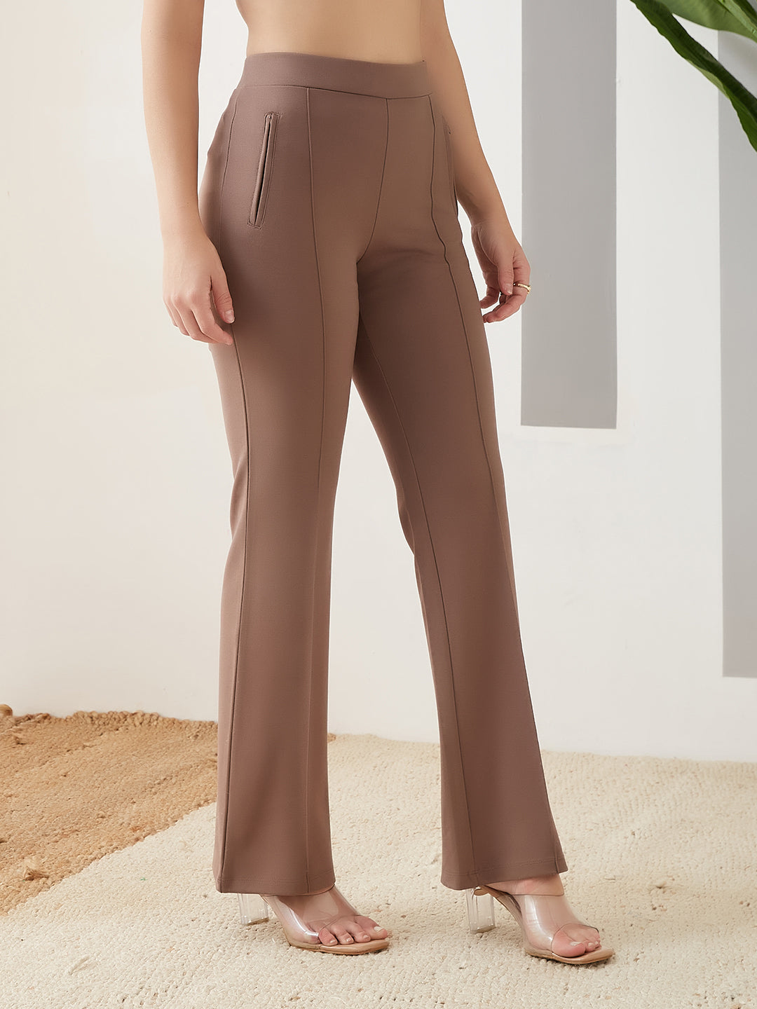 Latin Quarters Women Beige Solid High Rise Casual Trouser