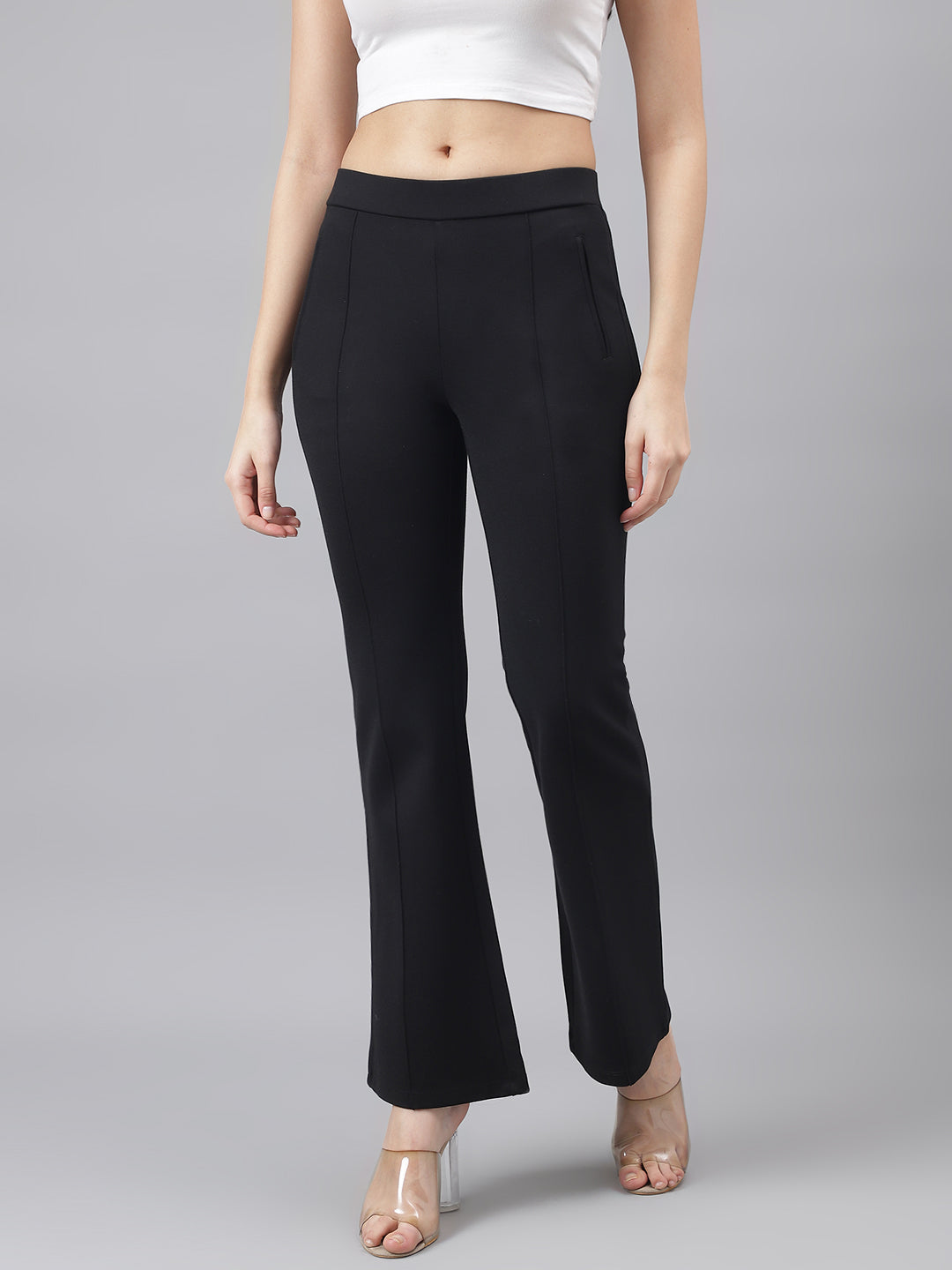 Latin Quarters Women's Black Casual Solid Ankle Length Flared Trouser