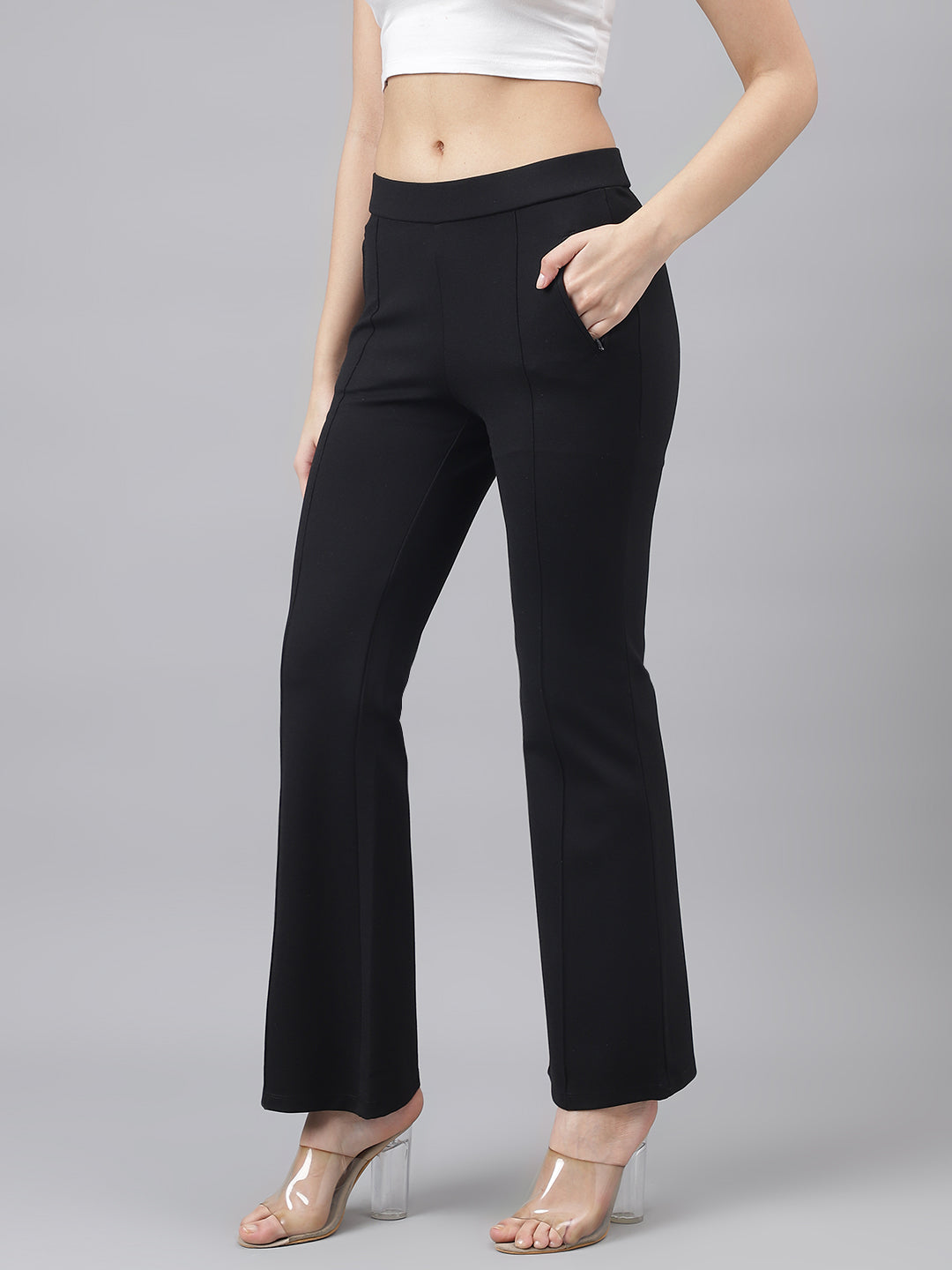 Latin Quarters Women's Black Casual Solid Ankle Length Flared Trouser