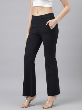 Latin Quarters Women's Black Casual Solid Ankle Length Flared Trouser