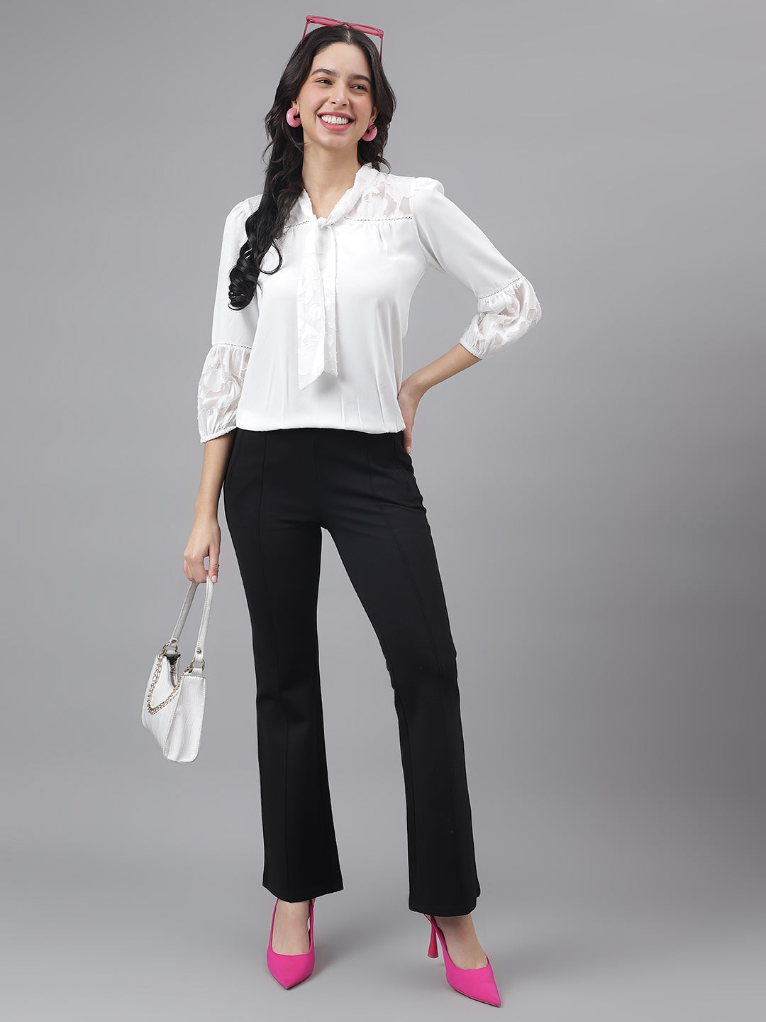 Latin Quarters Women's Black Casual Solid Ankle Length Flared Trouser